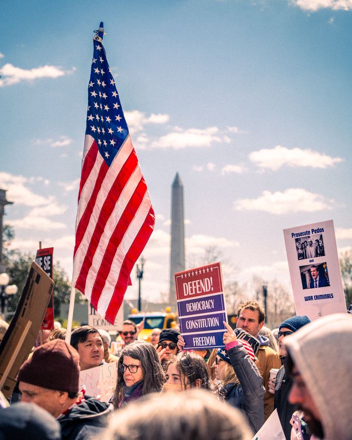 Protest rally Washington DC with American flag